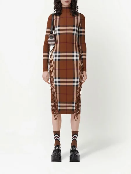 Pledinė raštuota midi suknelė Burberry iki kelių ruda