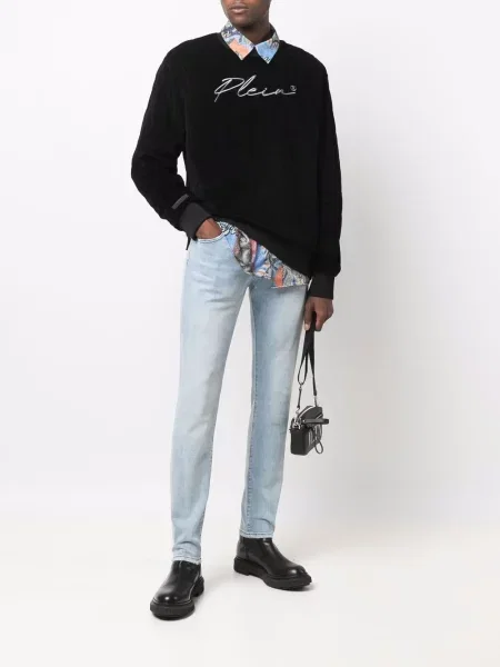 Blugi skinny Philipp Plein skinny fit cu autograf albastru