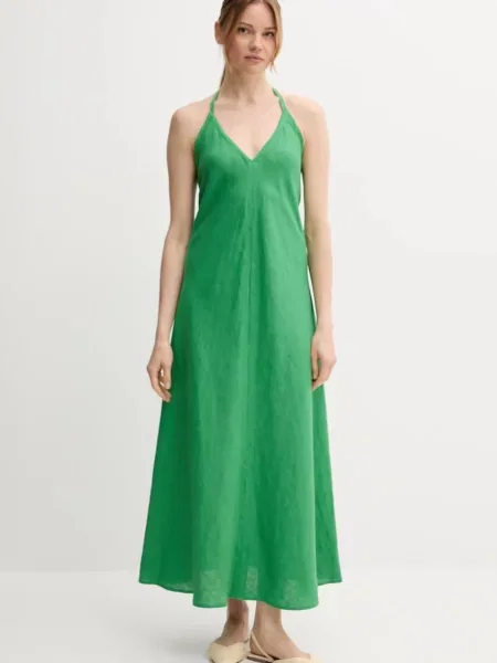 Ленена рокля United Colors of Benetton дълга разкроена зелено