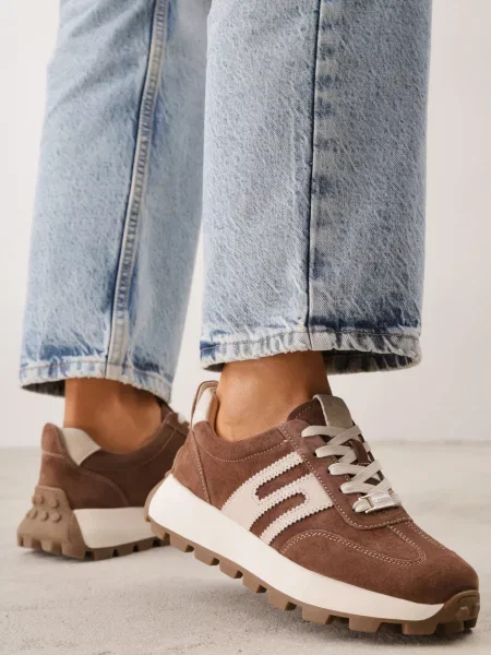 Sneakers chunky din piele întoarsă naturală pe platformă cu talpă profilată Ezze maro