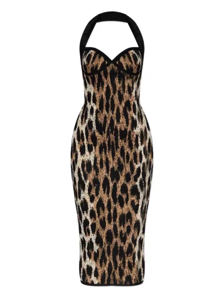 Rochie midi Balmain cu imagine cu model leopard cu gât halter maro