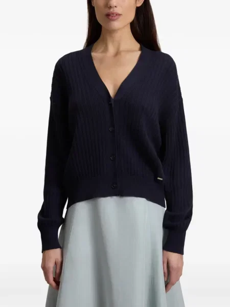 Žebrovaný kardigan Woolrich s výstřihem do v modrý