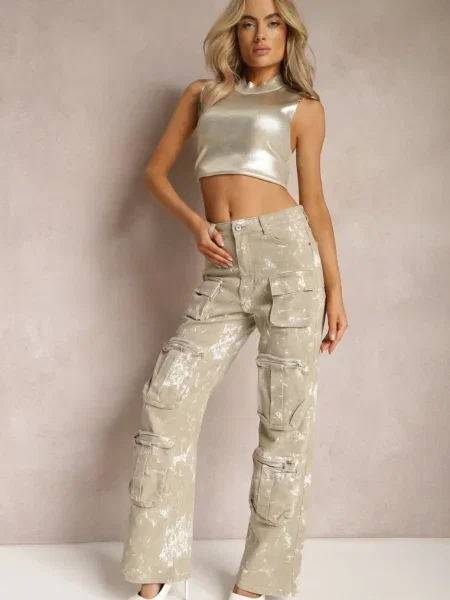 Blugi Cargo cu largi și efect de spălare Xallia bej
