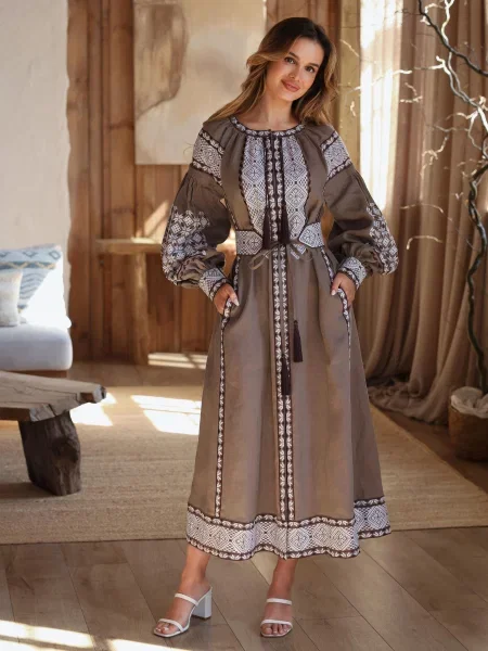 Лляна Вишита сукня Golden Trinity коричневий