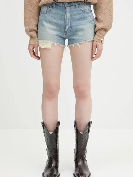 A Bathing Ape pantaloni scurți jeans Crystal APE head uni high waist