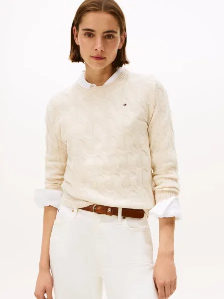 Sweter Tommy Hilfiger Soft Wool Cable C-Neckk Ls Sweater Heather Oatmilk S beżowy