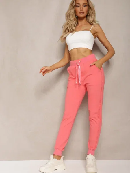 Pantaloni sport din trening cu talie înaltă și șnur strălucitor în talie Darciasa roz