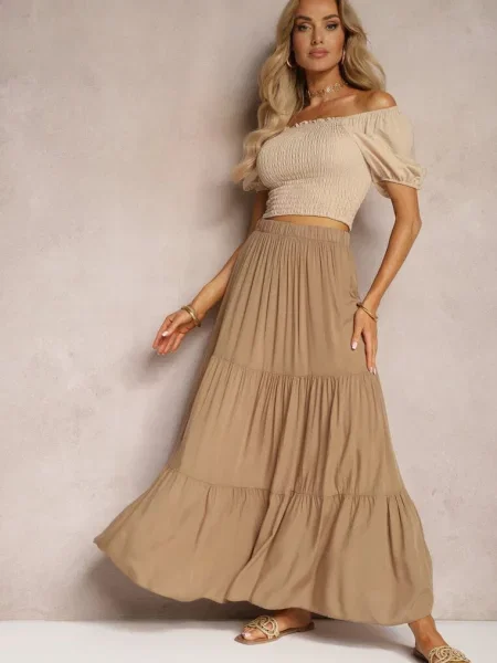 Ciemnobeżowa Spódnica High Waist z Gumką w Talii i Falbanką Christiara beżowa