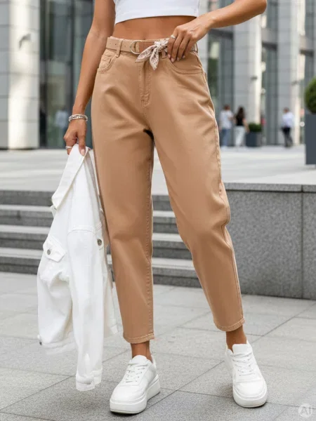 Jeansy mom fit z paskiem z wysokim stanem Dstreet
