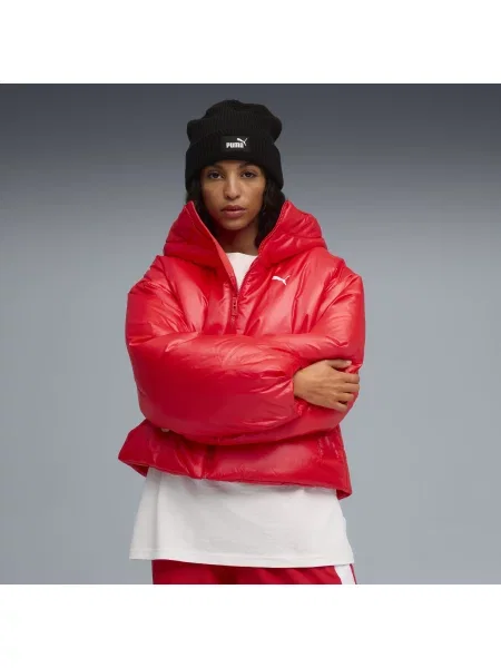 PUMA kurtka ocieplana Wardrobe Essentials błyszcząca z kapturem Odzież XXS czerwony