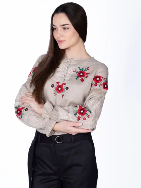Лляна Вишита сорочка Едельвіка бежевий