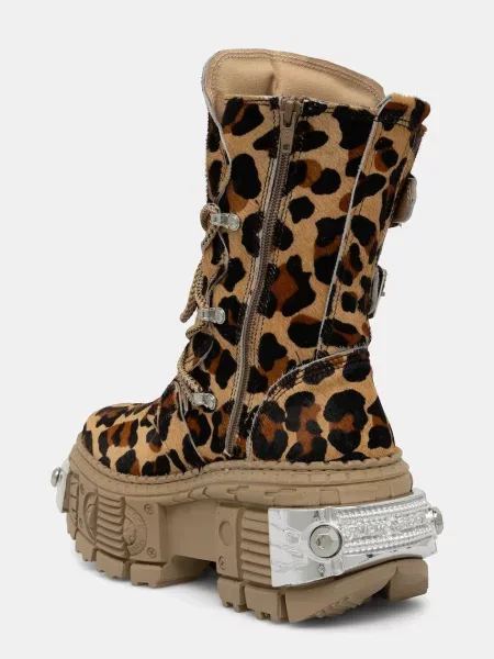 New Rock workery skórzane PELO LEOPARDO CUERO brązowy na platformie beżowe