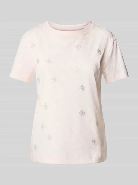 T-shirt z prążkowanym okrągłym dekoltem model ‘CHRYSANTA’ Guess Activewear różowa