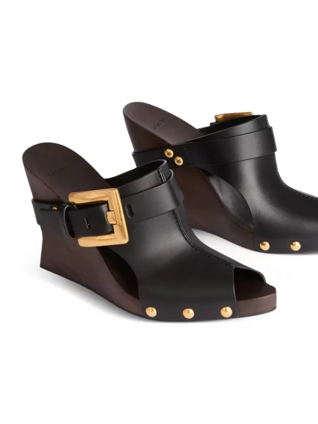 Papuci tip mules Balmain din piele cu pană negru