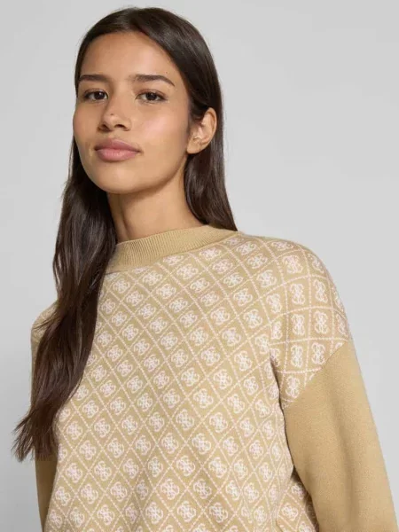 Sweter krótki z dzianiny z okrągłym dekoltem Guess beżowy