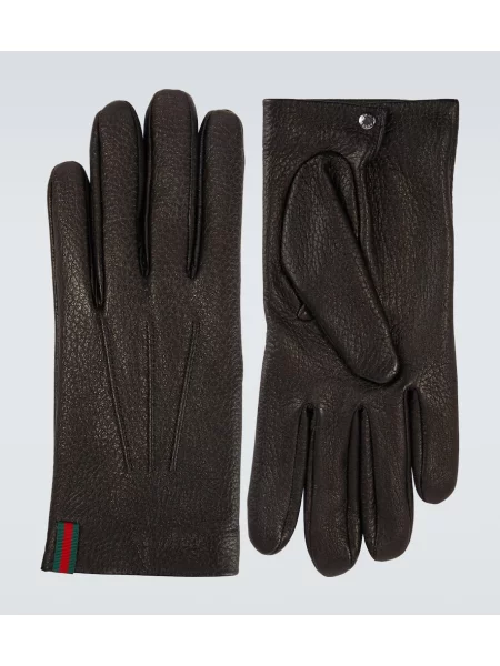 Kožne prugaste rukavice Gucci crna