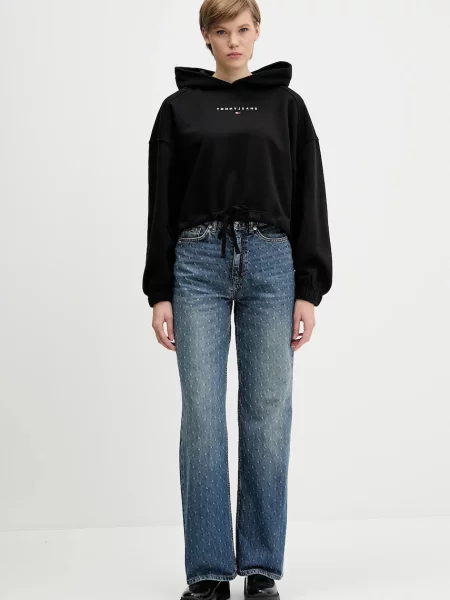 Bombažen pulover Tommy Jeans s kapuco črna