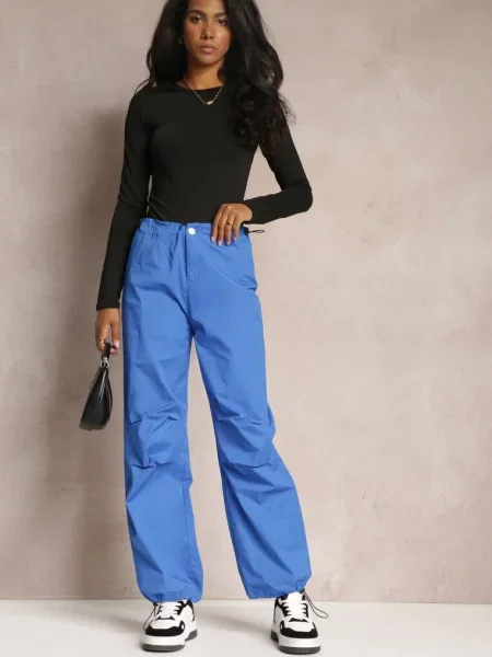 Pantaloni largi albaștri cu șnururi și talie incretita Nirli albastru