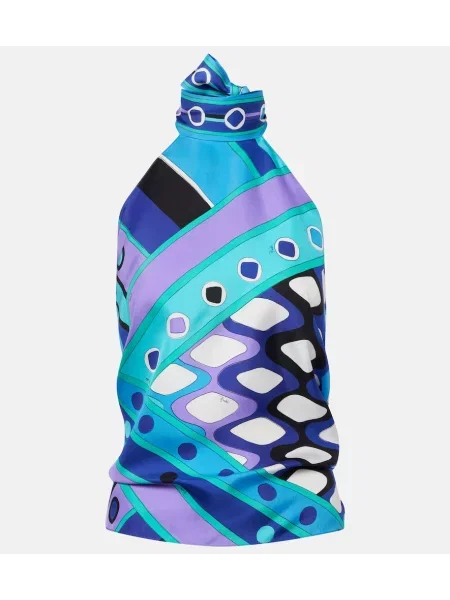 Top Pucci de mătase cu gât halter albastru