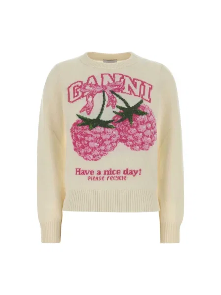 Sweter Ganni wełniany z nadrukiem biały