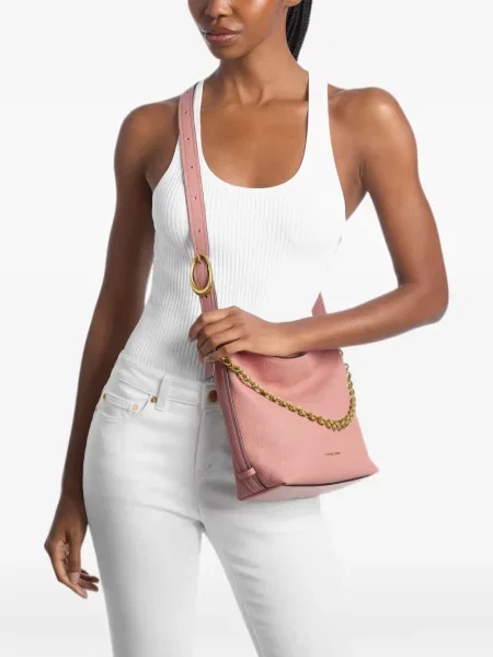 Kožna prošiven shopper torbica Michael Michael Kors s autogramom ružičasta