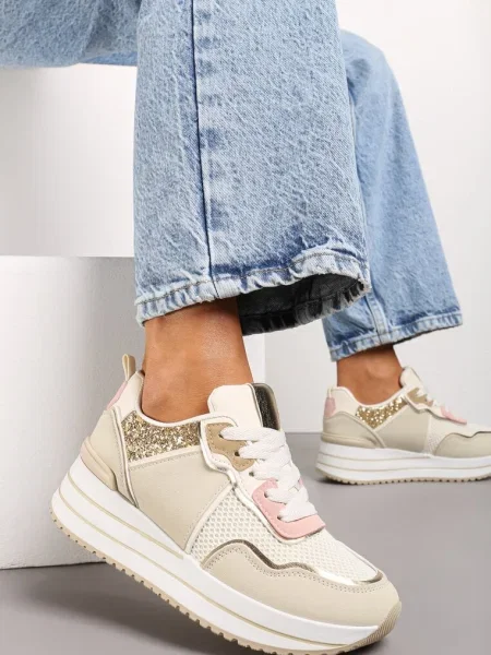 Sneakers cu platformă joasă cu inserții din sclipici Quinnes bej