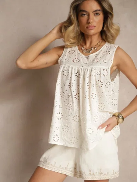 Jasnobeżowa Ażurowa Bluzka Top z Bawełny Bez Rękawów Aalnea beżowa