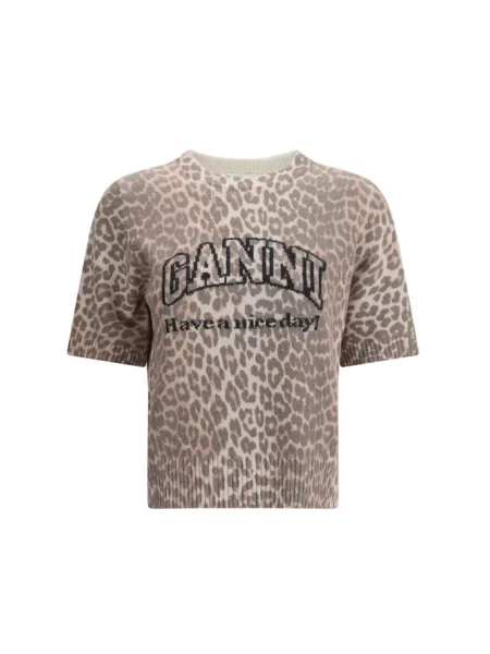 Sweter Ganni w panterkę z krótkim rękawem