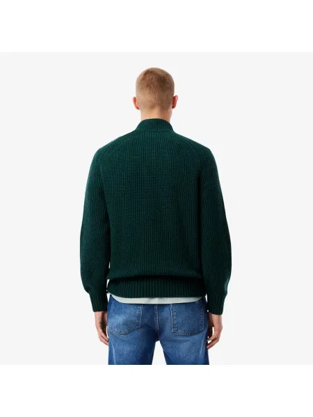 Lacoste Gruby Sweter Z Wełny Czesanej Z Zamkiem Pod Szyją szary