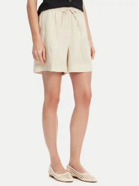 United Colors of Benetton szorty lniane gładkie high waist beżowy