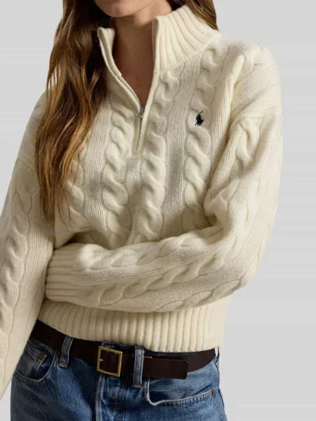 Kardigan Polo Ralph Lauren wełniany z logo z dekoltem w serek beżowy