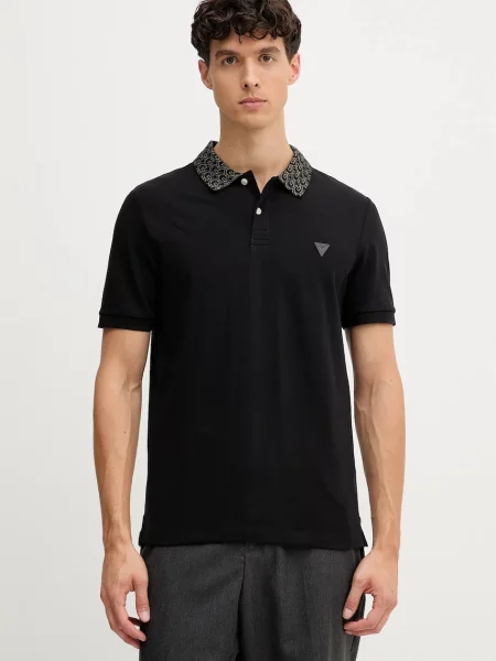 Тениска с яка Guess LYLE с изчистен дизайн черно