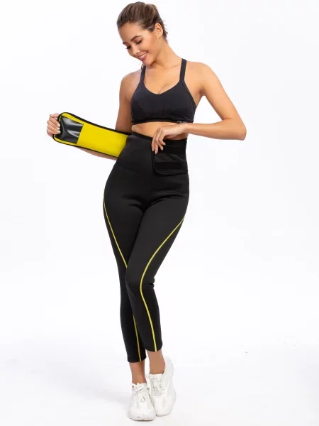 Spodnie fitness neoprenowe wyszczuplające z paskiem czarne