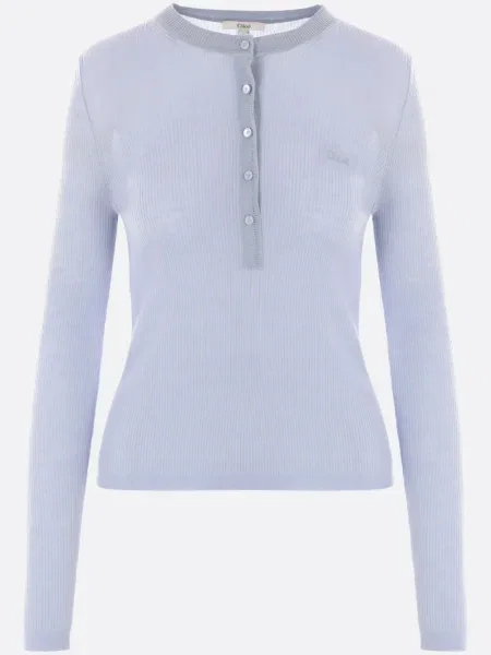 Tricou Chloé cu guler henley lung cu nervuri albastru