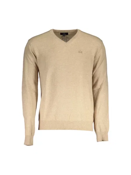 Sweter La Martina wełniany elegancki z długim rękawem beżowy