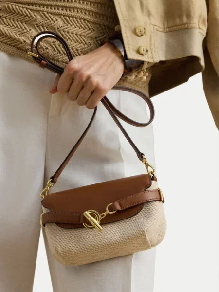 Torba na ramię z płótna z detalem paska Lauren Ralph Lauren beżowa