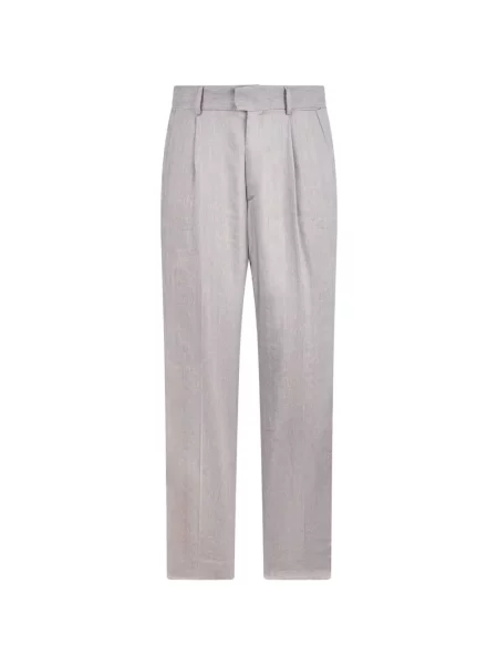 Lněné elegantní kalhoty Roberto Cavalli šedé