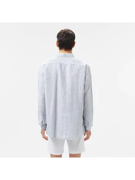 Lacoste Lniana Koszula W Paski Regular Fit Ciemnoniebieska niebieski