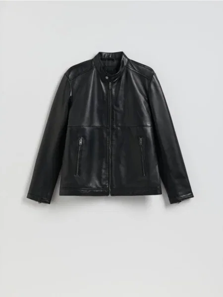 Reserved Geacă de piele cu guler înalt negru