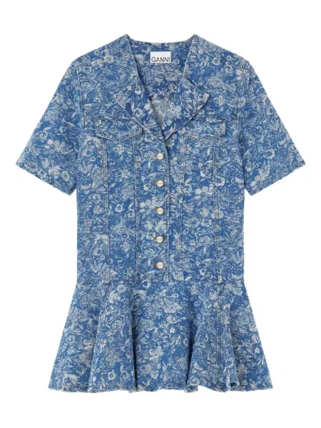 Rochie din denim Ganni cu model floral cu imagine până la genunchi albastru