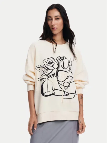 Desigual Bluză Patch Écru Oversize