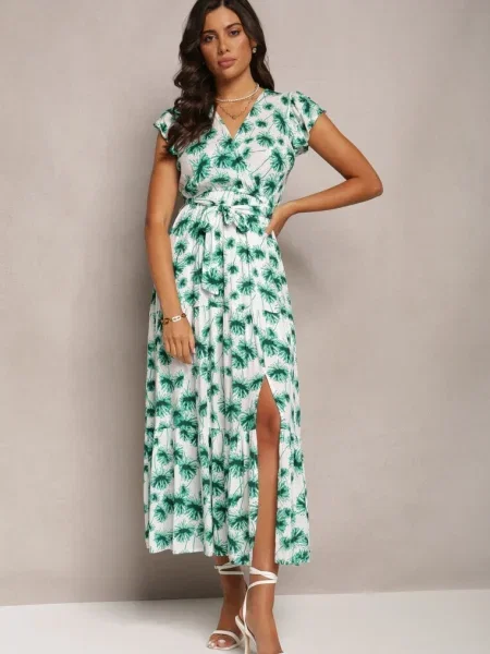 Rochie Maxi Evazată cu Imprimare Florală și Talie Elastică Javiky verde