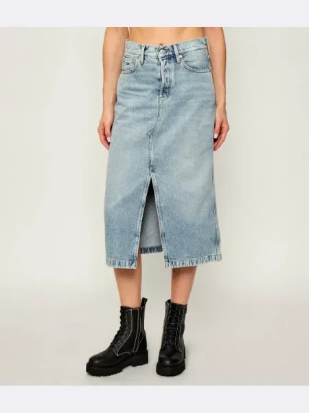 Tommy Jeans fustă jeans midi drept albastru