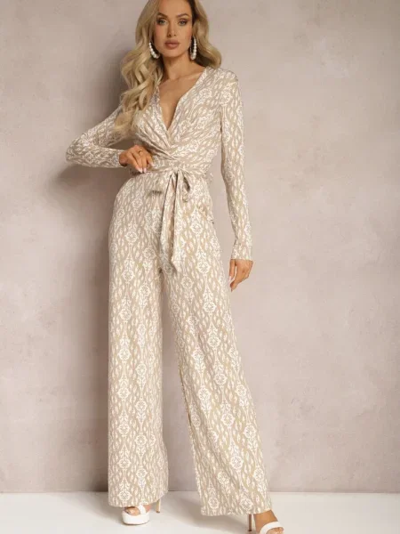 Kopertowy Kombinezon z w Talii i Ozdobnym Wzorem Mirannda beżowy