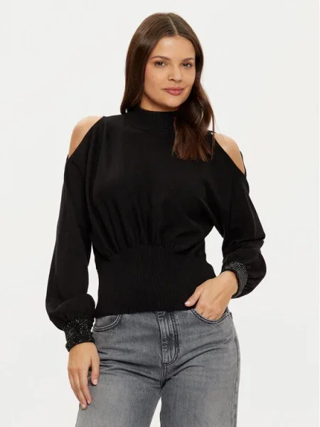 Пуловер Guess PIMA дамски от лека материя с ниско поло черно