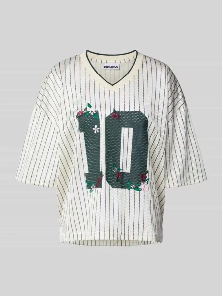 T-shirt o kroju relaxed fit z dekoltem w serek Review biała