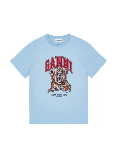 T-shirt basic Ganni w tygrysie prążki z dżerseju z dekoltem w kształcie litery U niebieski