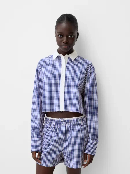 Bershka Blúzka modrá / tmavomodrá biela