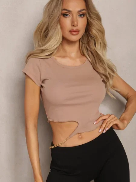Ciemnobeżowy T-shirt z Bawełny Ozdobiony Wycięciem i Łańcuszkiem Sparkina beżowa