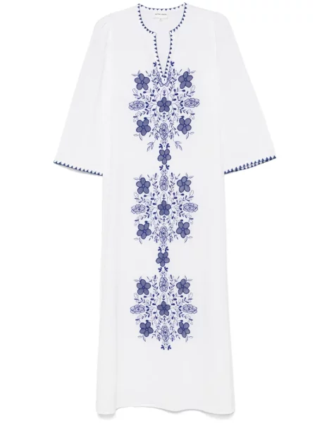 Haftowana sukienka midi Antik Batik do kolan garniturowa biała